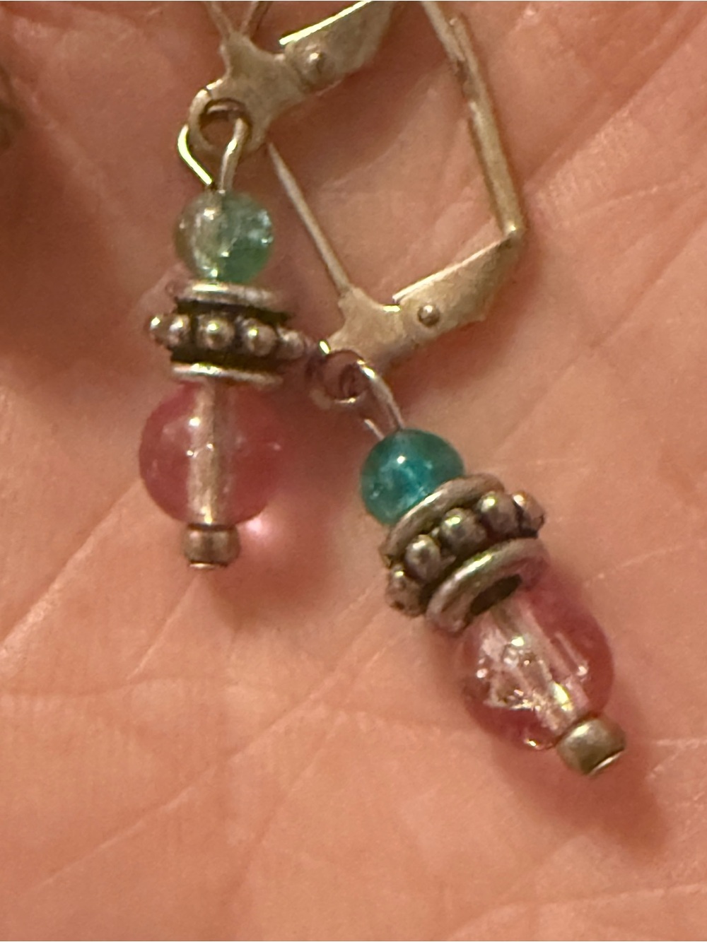 Source Unknown Pink and Teal Bead Drop Earrings with Silver-Tone Accents - Picture 3 of 7